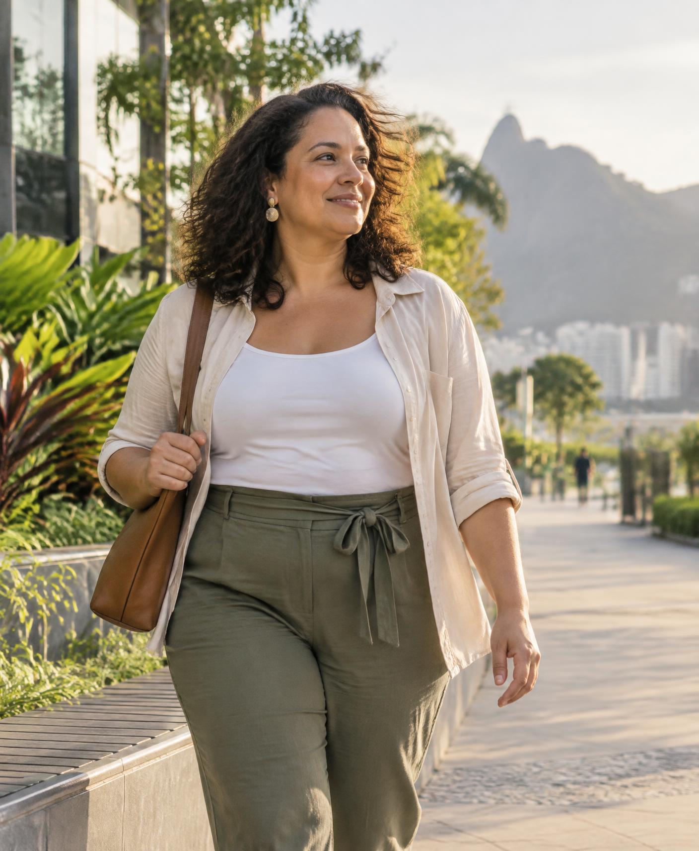 Mulher adulta caminhando ao ar livre em um momento cotidiano